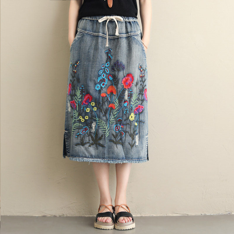 Jupe en jean taille élastique pour femmes-jupe longue brodée Vintage extensible confortable avec poches tenue décontracté coréenne F1209