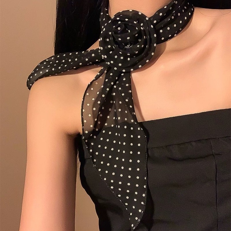 Écharpes en mousseline de soie pour femmes, motif pois et léopard, longues, élégantes, avec clip rose décoratif, pour le quotidien