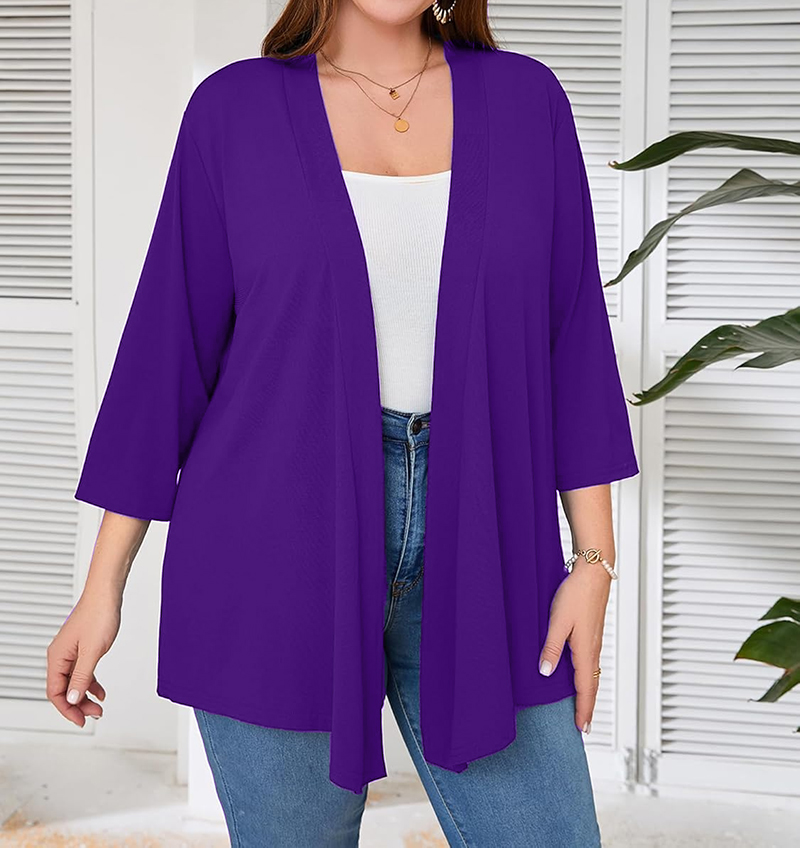 Cardigan grande taille pour femme, manches 3/4, léger et fin, haut tricoté de style châle à ouverture frontale, décontracté, doux et drapé, adapté