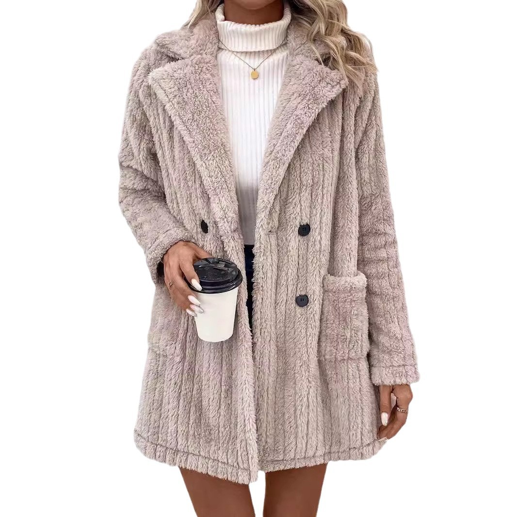Femmes kaki doux velours moelleux polaire manteaux automne hiver col rabattu à manches longues bouton Cardigan vestes MQDFZC-3134