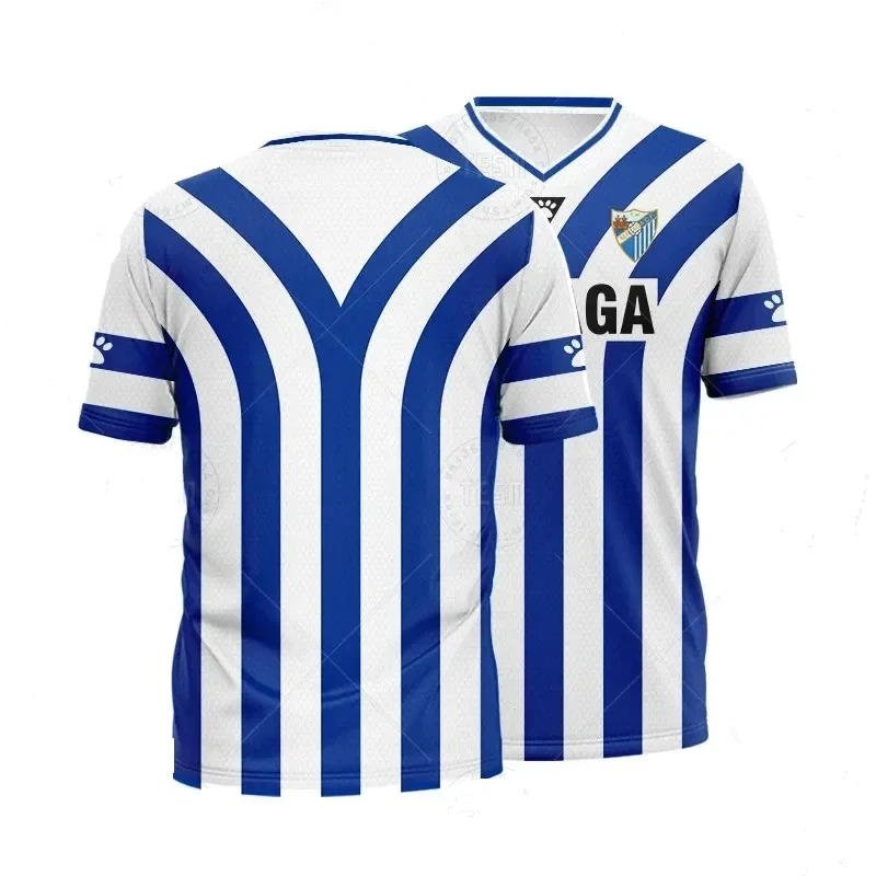 T-shirt de football unisexe à manches courtes, respirant, décontracté, pour les fans de sport, imprimé en 3D, rayures roses, Málaga CF Benahavis