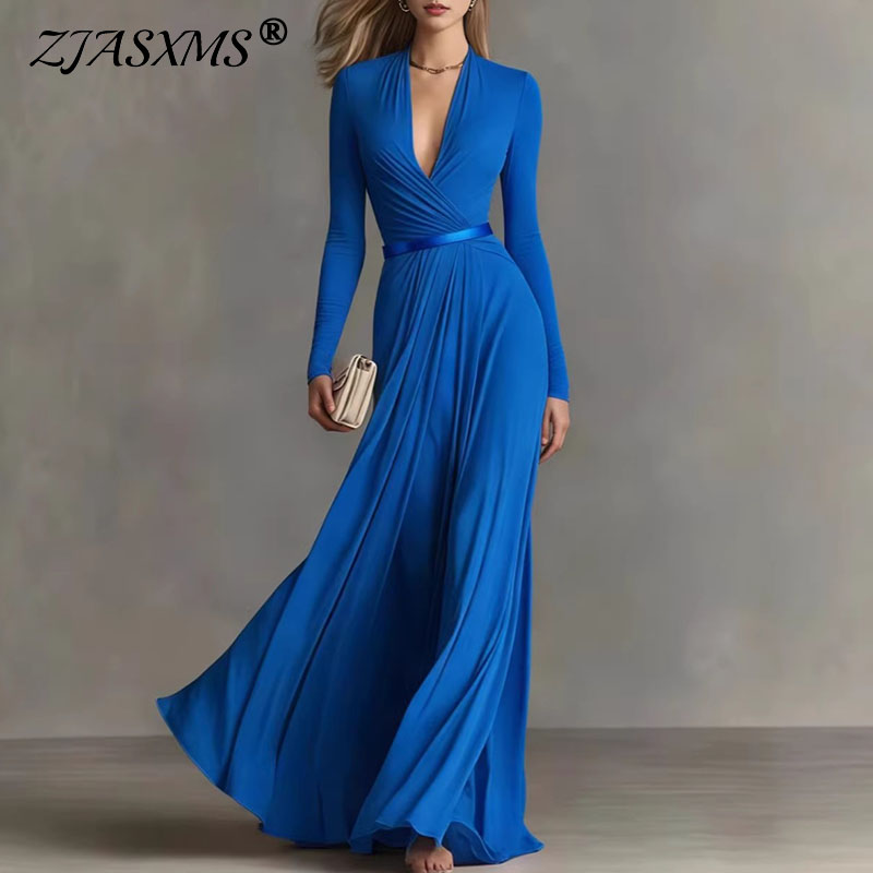 Robes pour femme, robe maxi sexy à col en V profond, taille haute, manches longues, robe élégante unie et fluide, robes de soirée, robe bohème d'été, Mujer