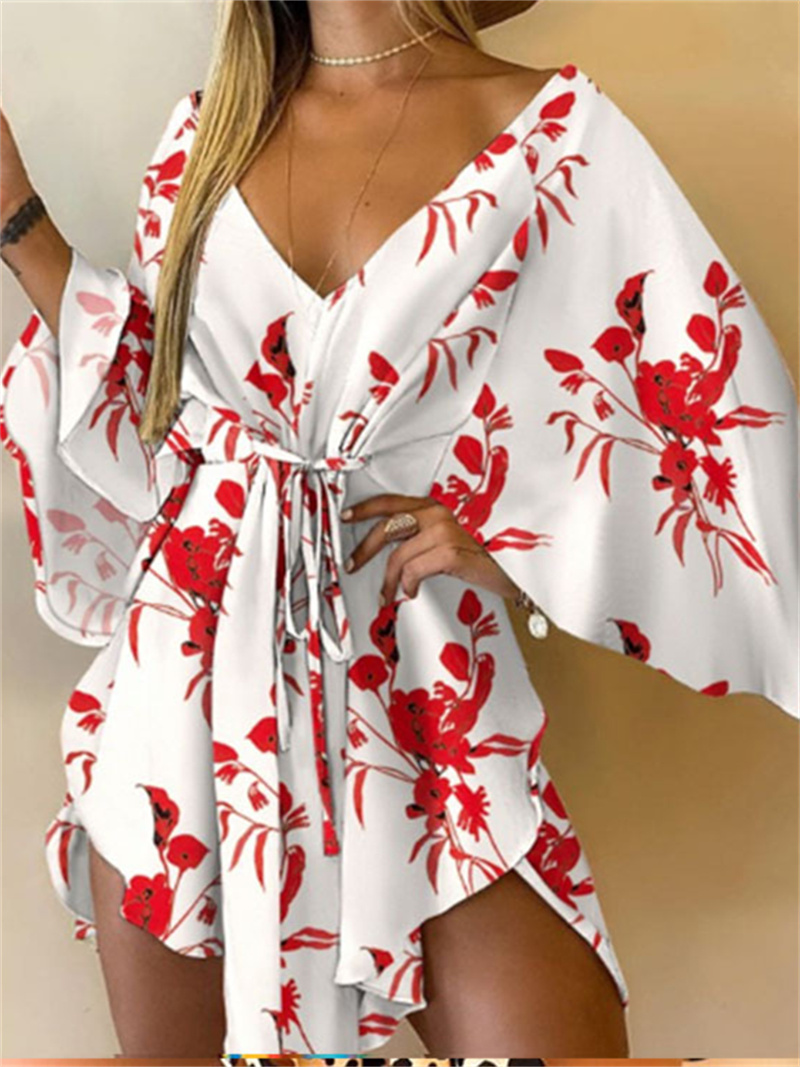 Robe de plage kimono à imprimé floral pour femme, col en V, manches chauve-souris et taille à nouer