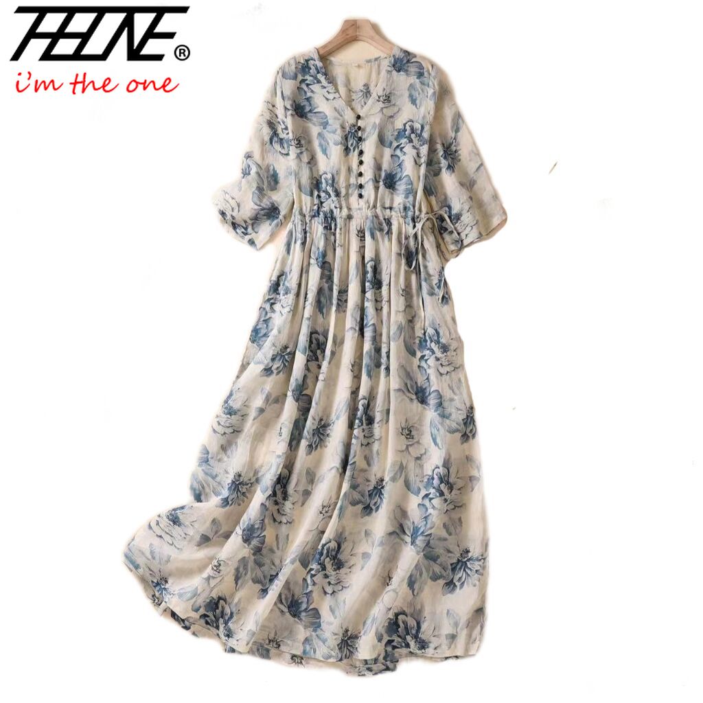 Robes d'été décontractées pour femmes, robe à col en V imprimé, robe à manches courtes, robe pull, coton éducatif, robe trapèze vintage