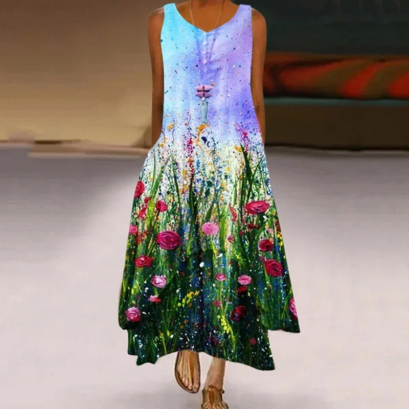 Robe longue imprimée pissenlit pour femme, mode décontractée, été, nouveau
