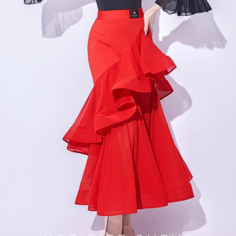 Jupe de danse de salon rouge, jupe de danse moderne noire à volants, nouvelle robe de danse moderne, jupe d'entraînement, robe de scène pour femme