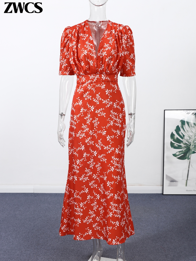 Robes longues plissées élégantes à imprimé floral pour femmes, col en V profond, manches courtes, taille cintrée, collection été 2026