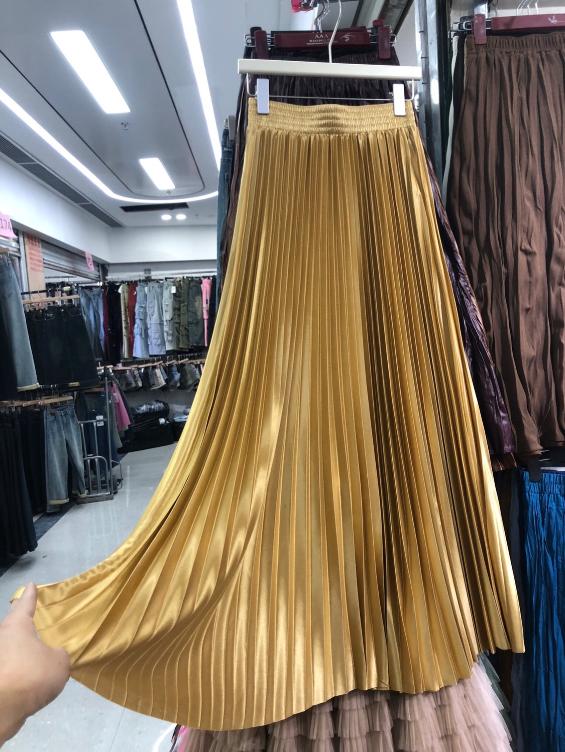 TingYiLi-Jupe longue plissée pour femme, taille haute, vintage, brillante, dorée, argentée, bleue, verte, rouge, droite, 100cm, printemps été