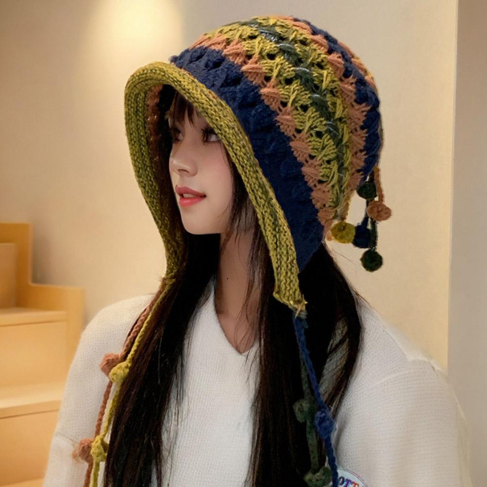 Bonnet en laine tricoté à rayures arc-en-ciel colorées pour femmes, Bonnet de Protection des oreilles au Crochet chaud d'hiver pour filles, Bonnet coupe-vent de neige