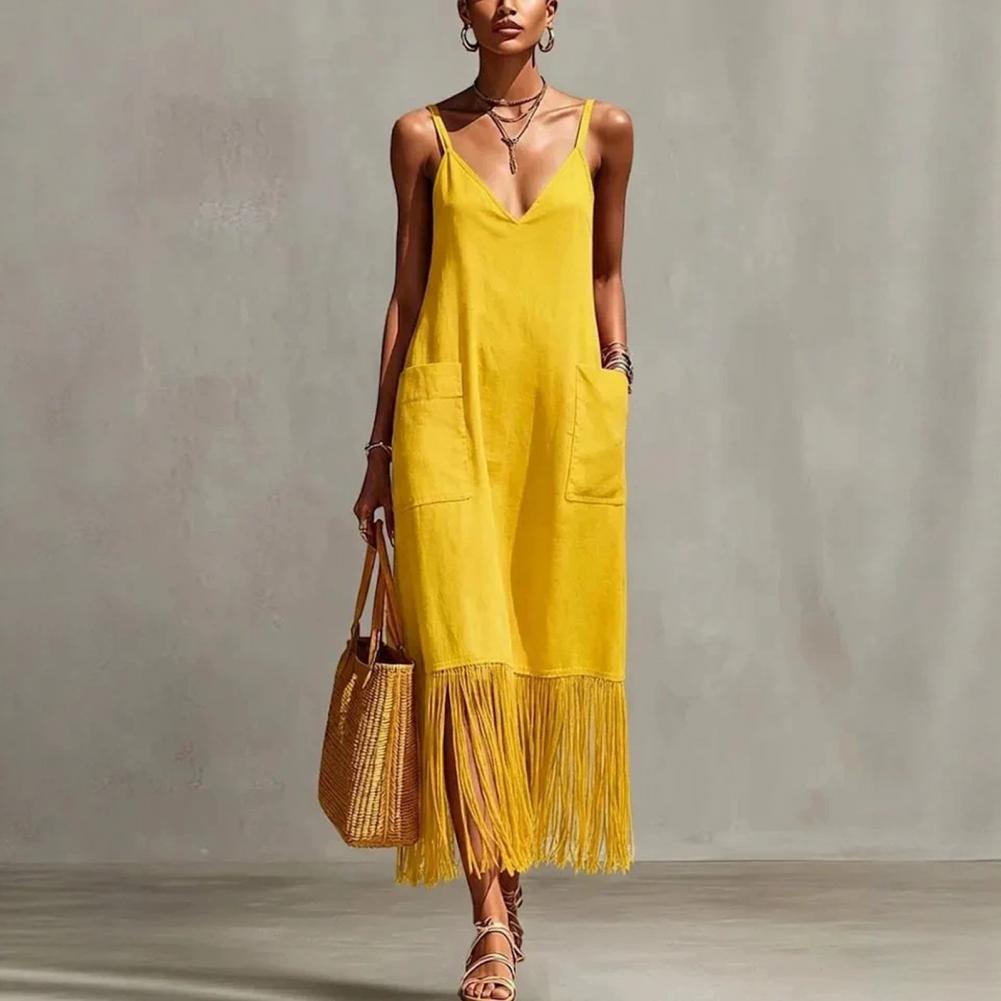 Robe de soirée décontractée à franges, robe longue à ourlet à franges, robe ample à bretelles spaghetti pour les vacances à la plage avec poches