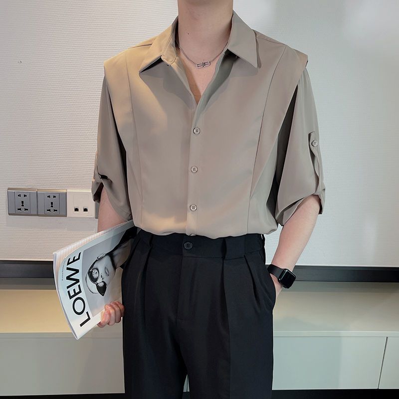 Chemise homme en soie glacée premium, manches 3/4, look élégant pour le travail ou le week-end, confortable et infroissable, chemisier unisexe à empiècements