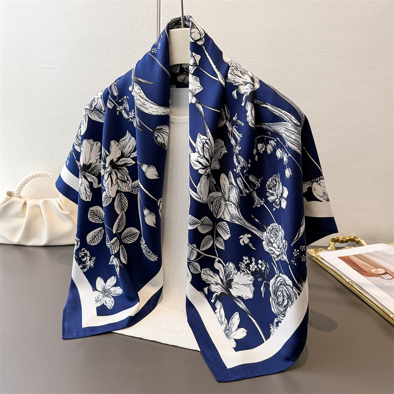 Foulard carré de luxe en soie 90x90cm pour femme, châle imprimé tendance, élégant, doux et soyeux, bandana, hijab, foulard pour dames