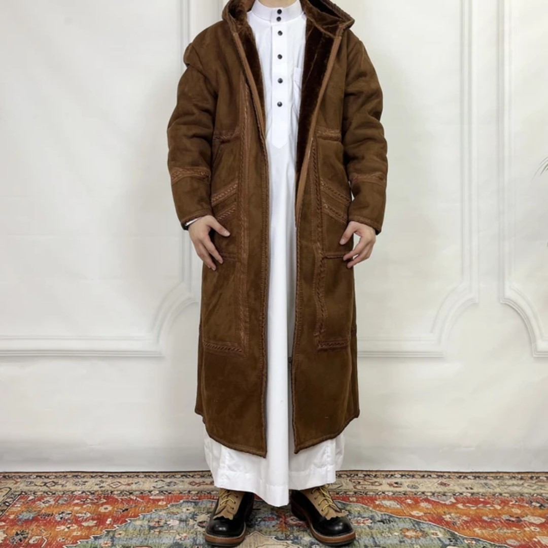 Qamis pour homme en faux daim, cardigan à capuche, épais, avec poches, chaud, hiver, musulman, islamique, arabe, Kaftan, Eid, prière, Jubba