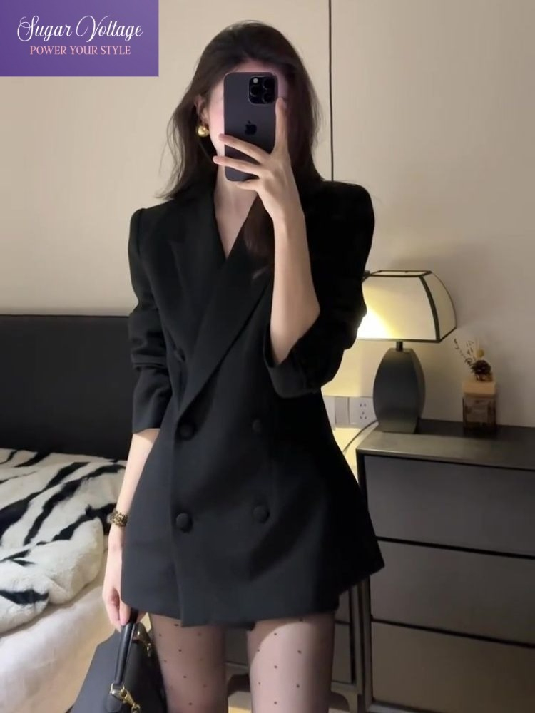 Mode coréenne élégant coupe ajustée Blazer manteau femmes col en v à manches longues Double boutonnage décontracté noir manteau bureau Style Blazers