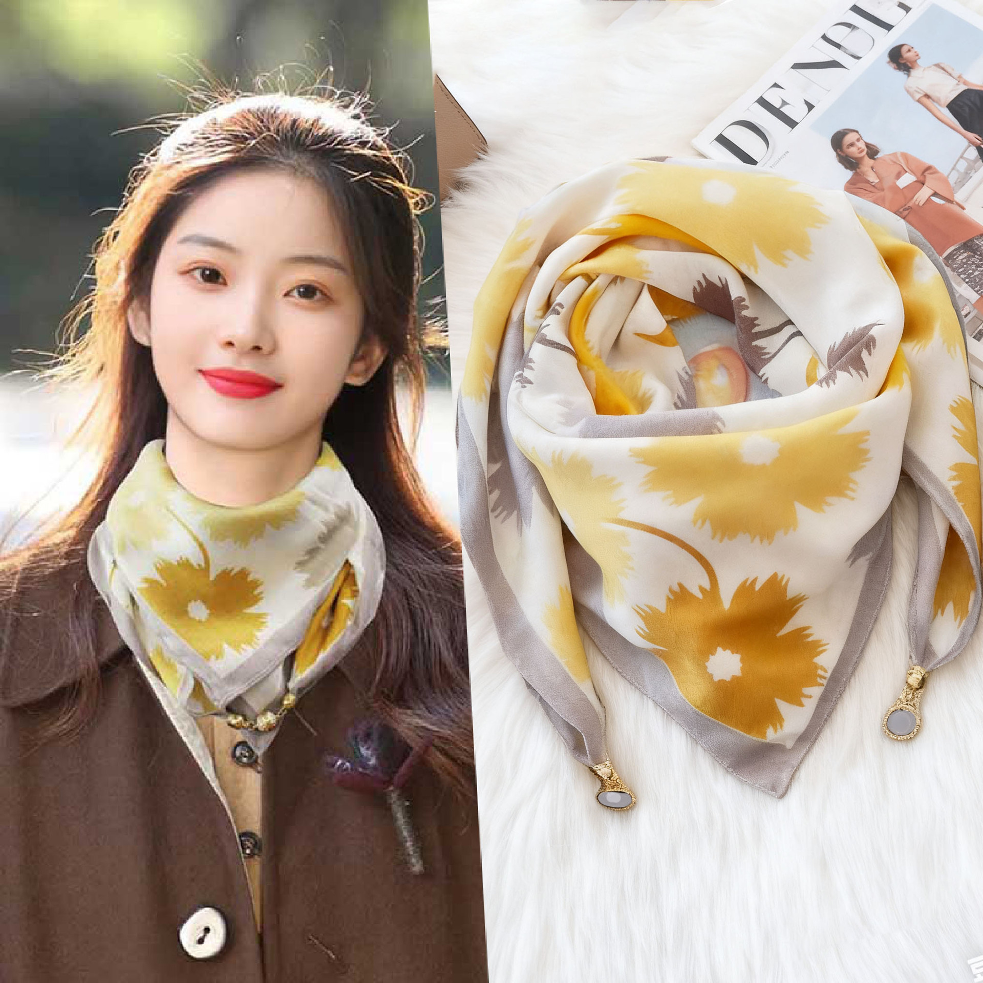 Écharpe en soie magnétique triangulaire pour femme, protection du cou, printemps-automne, en coton et lin, haut de gamme, pour garder au chaud