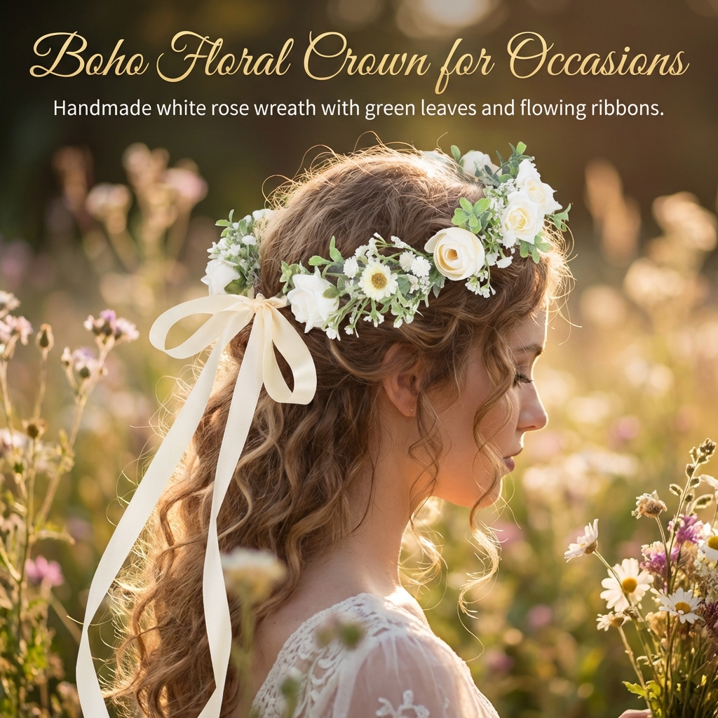 Serre-tête bohème en fleurs artificielles de gypsophile, couronne florale faite à la main, accessoire de cheveux pour mariage, photographie, fête, style fille