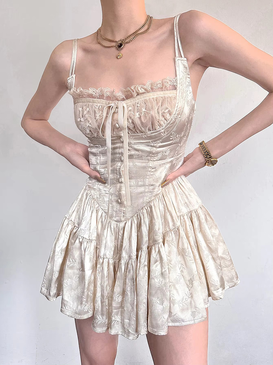 REDDACHiC Mini-robe rétro médiévale en satin et short en dentelle, combinaison-camisole corset fleuri style coquette, pour rendez-vous, soirée, été, vêtements pour femmes