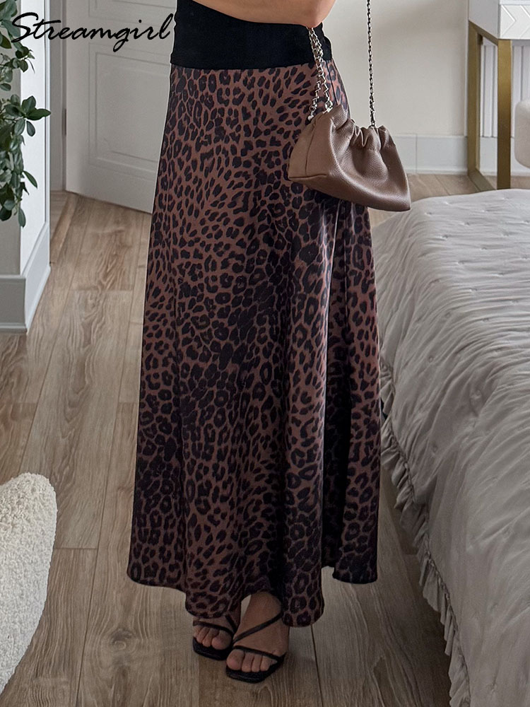 Jupe longue léopard en Satin pour femmes, jupe de luxe, ligne A, taille haute, marron, Maxi, printemps été, 2026