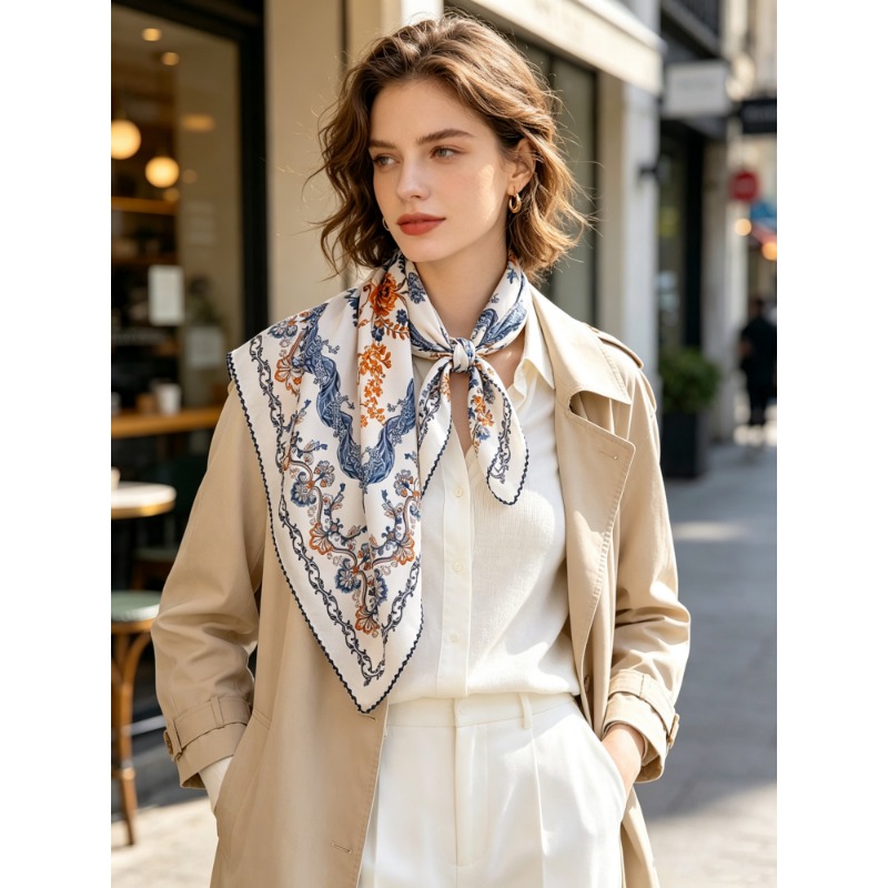Foulard carré de luxe 100% soie de mûrier 70cm, imprimé floral baroque rétro, foulard de cou, foulard de tête, décoration de sac, cadeau quotidien pour femmes