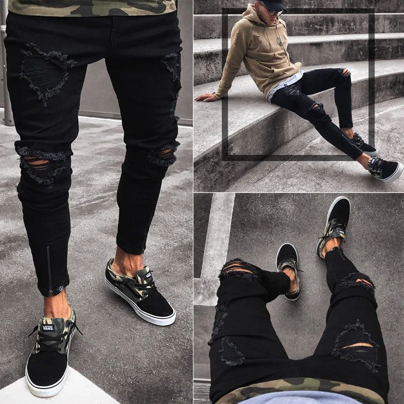 Jeans pour hommes nouveau pantalon tendance noir déchiré avec fermeture éclair extensible pour hommes
