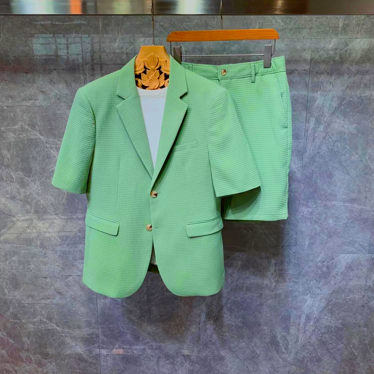 Costumes à manches courtes pour hommes, vestes et Shorts de Style coréen, tissu pied-de-poule Simple et solide, ensembles deux pièces confortables et ajustés
