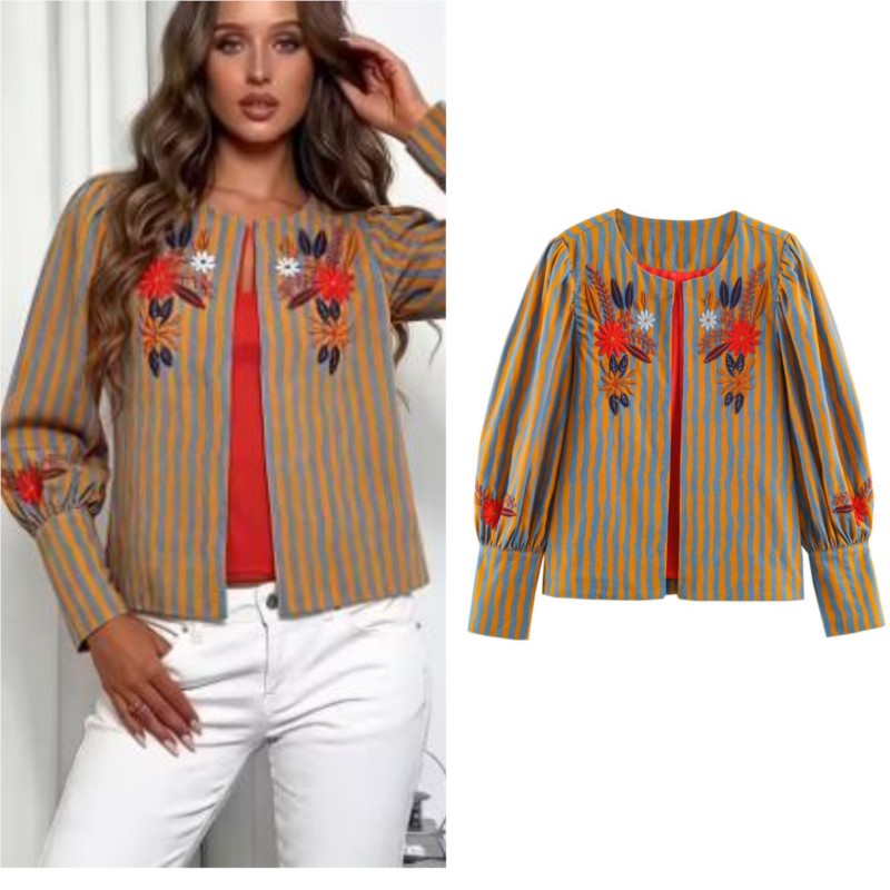 Vestes pour femmes, automne, nouvelle collection, rayées, fleurs brodées, col rond, manches longues, manteaux tendance, vêtements décontractés pour femmes, haut chic