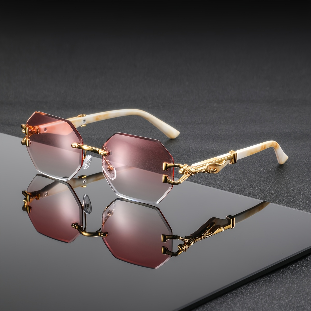 Lunettes de soleil carrées sans monture tendance et luxueuses, unisexes, avec décor léopard en métal sur les branches, pour hommes et femmes