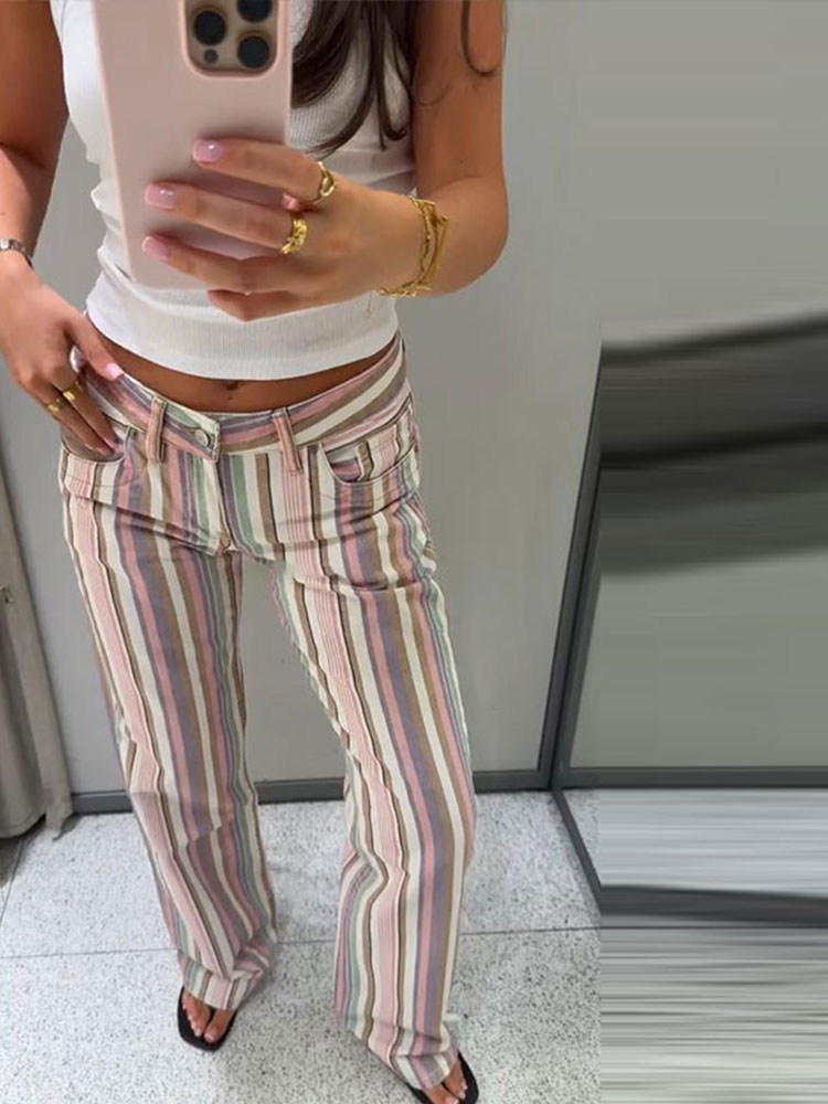 Jean à rayures colorées pour femme, taille mi-haute, boutonné, coupe droite, pantalon polyvalent, été 2026, nouveau pantalon de ville pour femme.