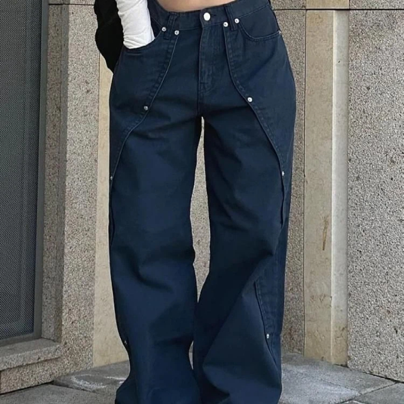 Jean pour femme Y2k, vêtements décontractés, coupe ample, pantalon à jambes larges, Style rétro américain Vintage avec rivets, Patchwork, Design fendu