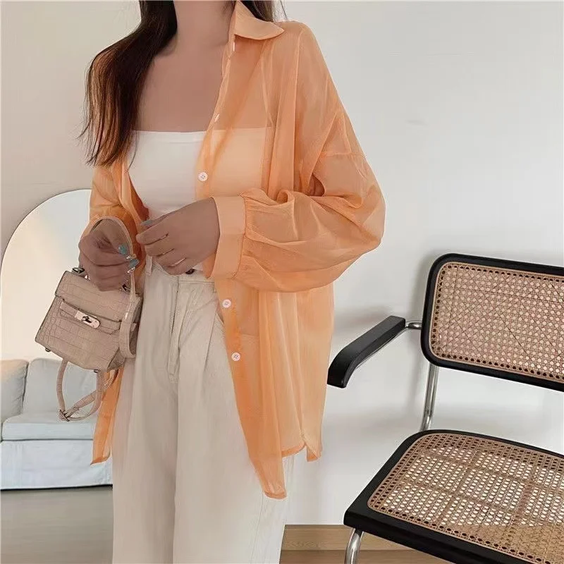Chemise pour femmes Blouse à manches longues haut en mousseline de soie été Simple résistant au soleil mode tout-match basique coréen Sexy solide chemise décontractée