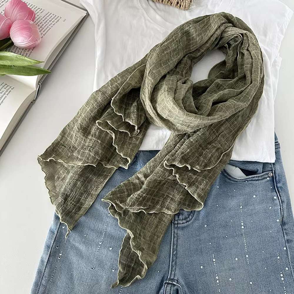 Écharpe artistique rétro en coton et lin pour femmes, châle fin plissé en gaze, couleur Pure, accessoires de mode