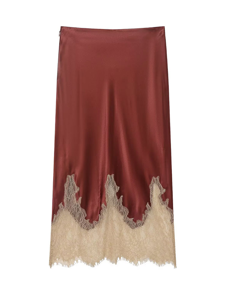 Jupe mi-longue en dentelle patchwork pour femme HH, jupe en satin à taille haute et slim, tendance estivale, jupe élégante pour soirée chic ﻿ Femme