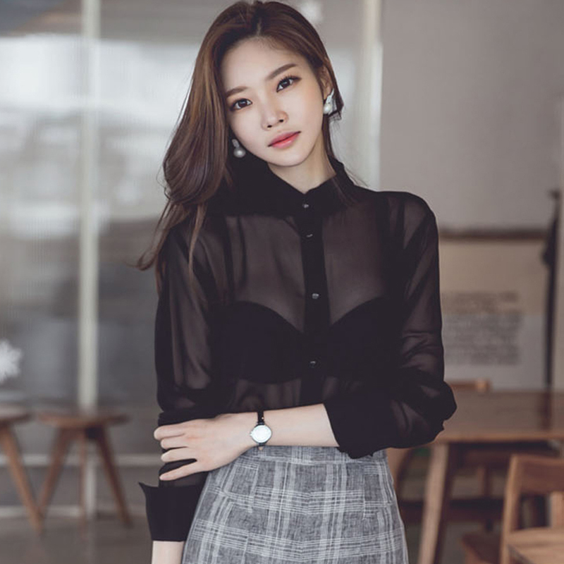 Chemisier transparent sexy pour femme, nouvelle collection printemps-été 2026, chemise fine en mousseline noire à simple boutonnage pour femme, manches longues, Blusas