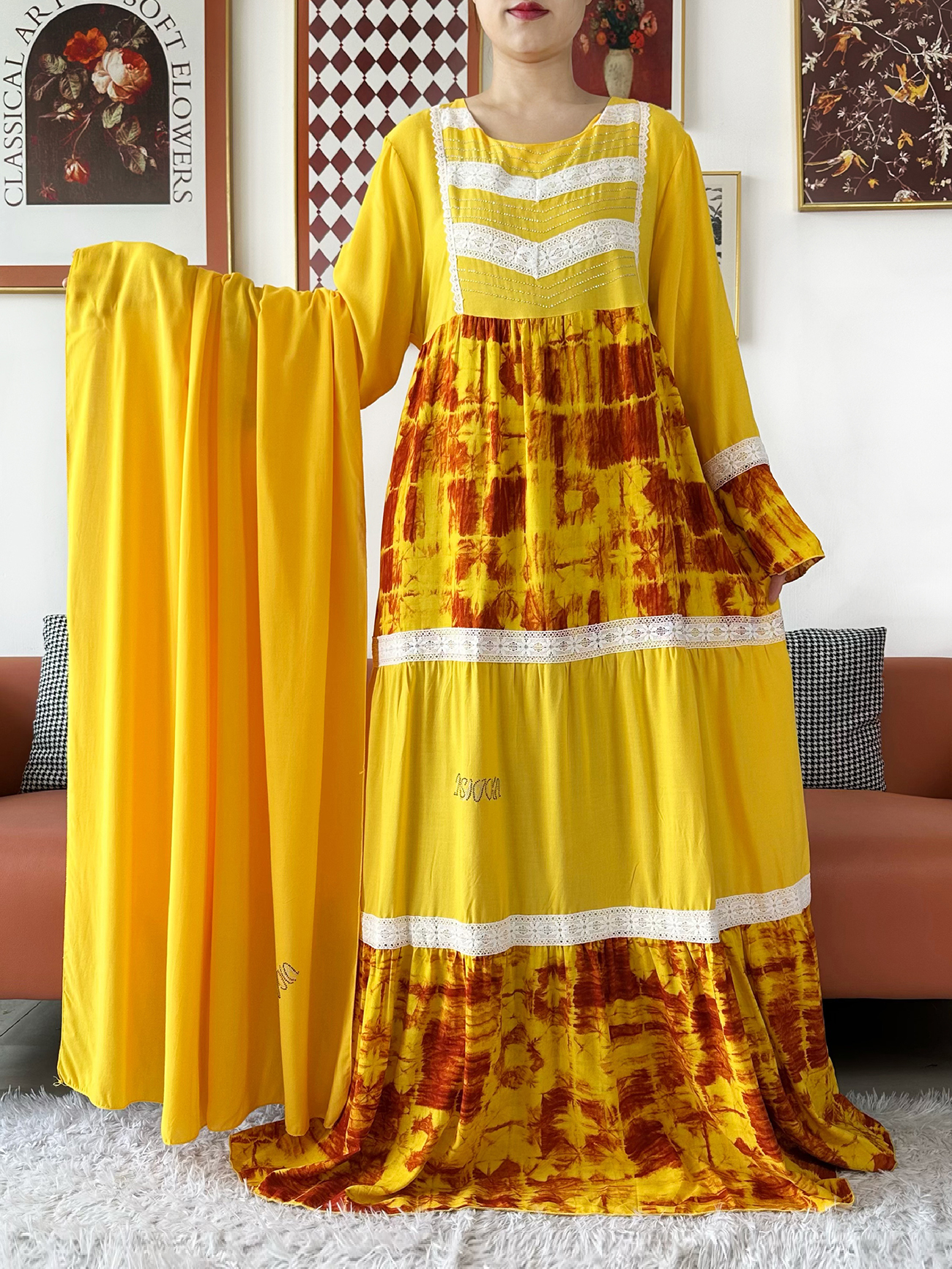 Robe africaine de qualité supérieure, boubou KASHKHA en coton, abaya musulmane ample avec grand foulard brodé, robe maxi pour le Ramadan
