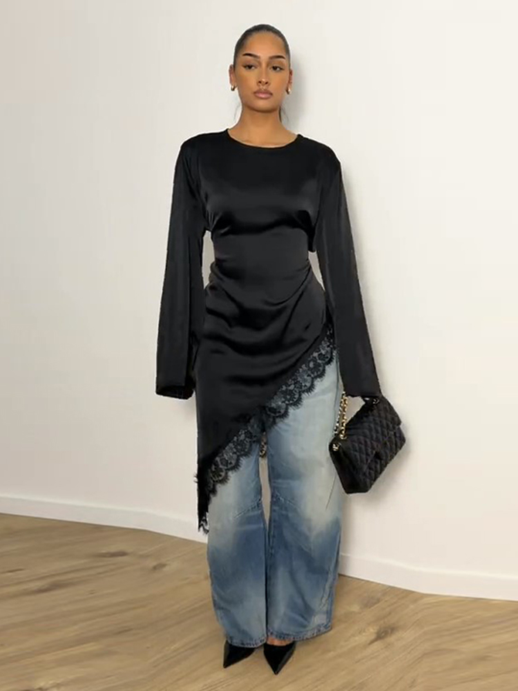Chemisier Femme Tendance Col Rond Manches Longues en Satin Uni à Ourlet Asymétrique – Nouvelle Collection Printemps 2026 Chic Décontracté Élégant
