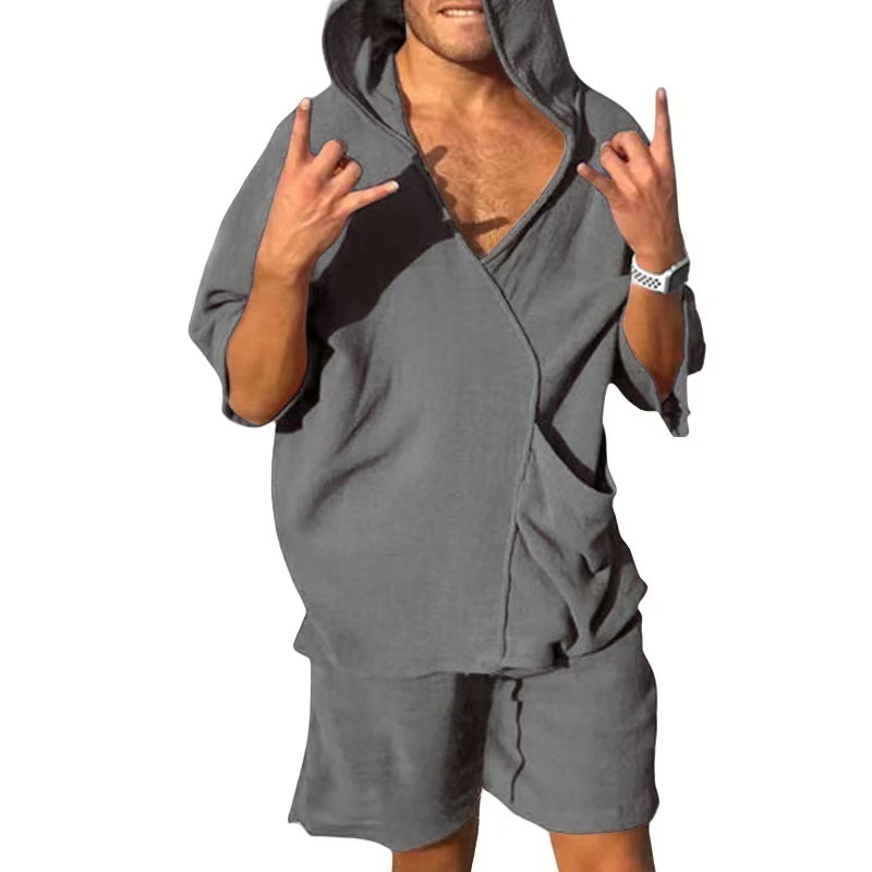 Ensemble deux pièces pour hommes, sweat à capuche à manches courtes, T-Shirt et Short à col en v, costumes de maison amples, tenues irrégulières solides pour hommes, vêtements d'été