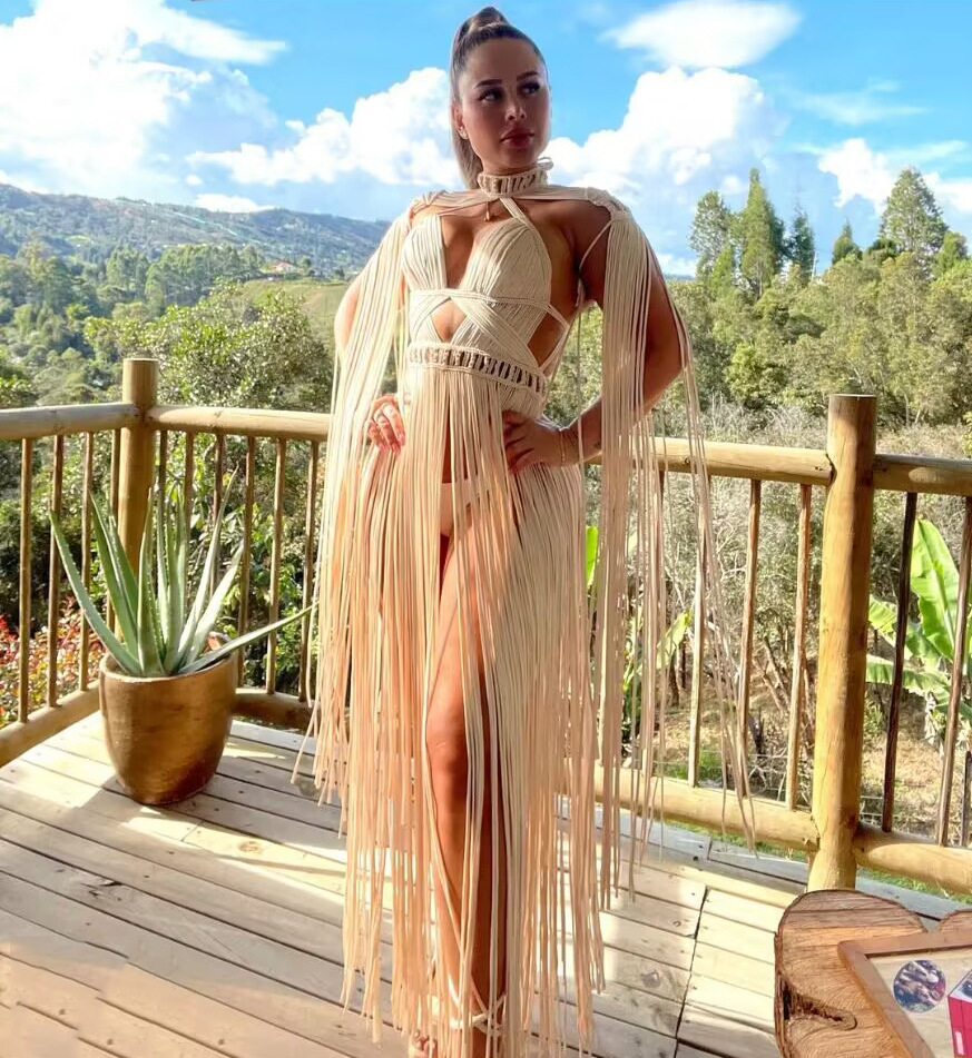 Beachapche-Robe Maxi Blanche à Col Roulé et Pompon pour Femme, Tenue Sexy en Macramé, à la Mode, pour Boîte de Nuit, 2023