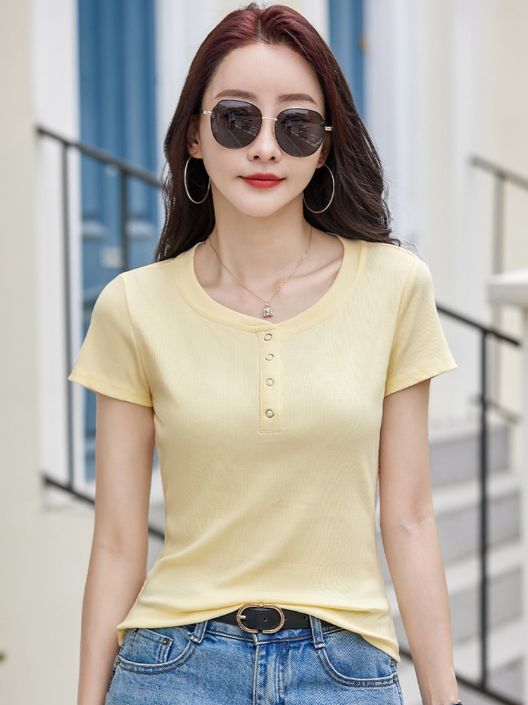 Nouveau Femmes T-shirt décontracté Été Mode Col rond Manches courtes Couleur unie T-shirts ajustés Simplicité Basique T-shirt court Femme
