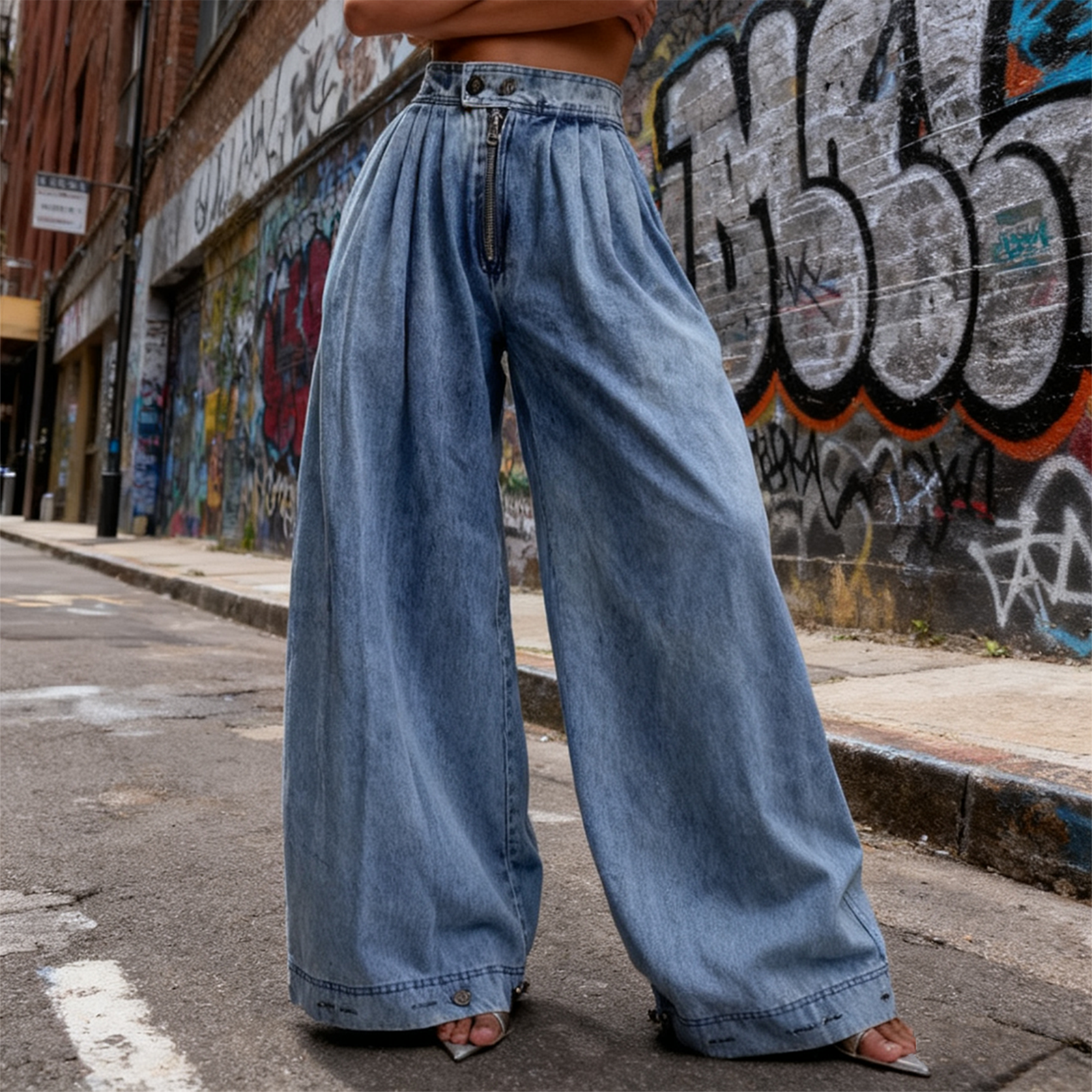 Pantalon sarouel en Denim pour femmes, décontracté, taille haute, jambes larges, Baggy, couleur unie, avec poches