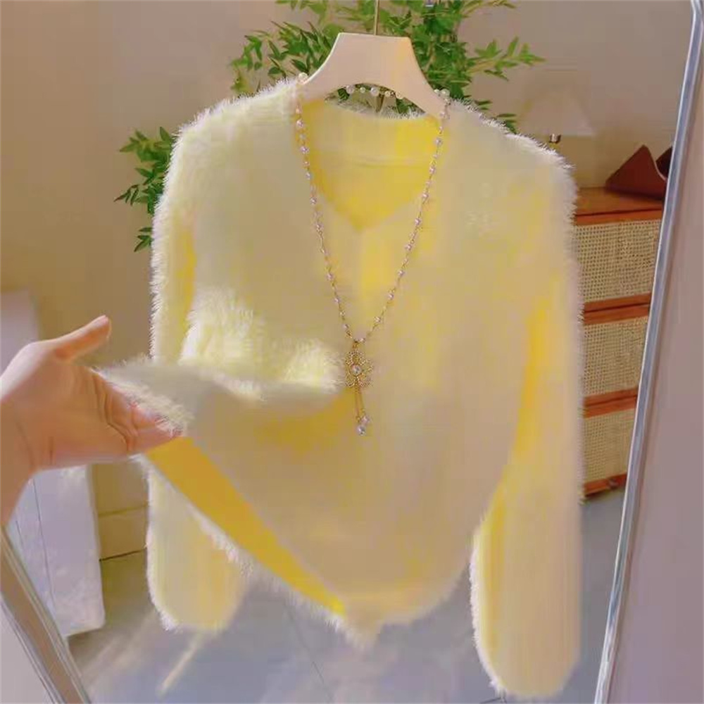 Pull en cachemire de vison à manches longues pour femmes, pull décontracté élégant, tricots roses, laine, dame de bureau, automne, hiver, nouveau