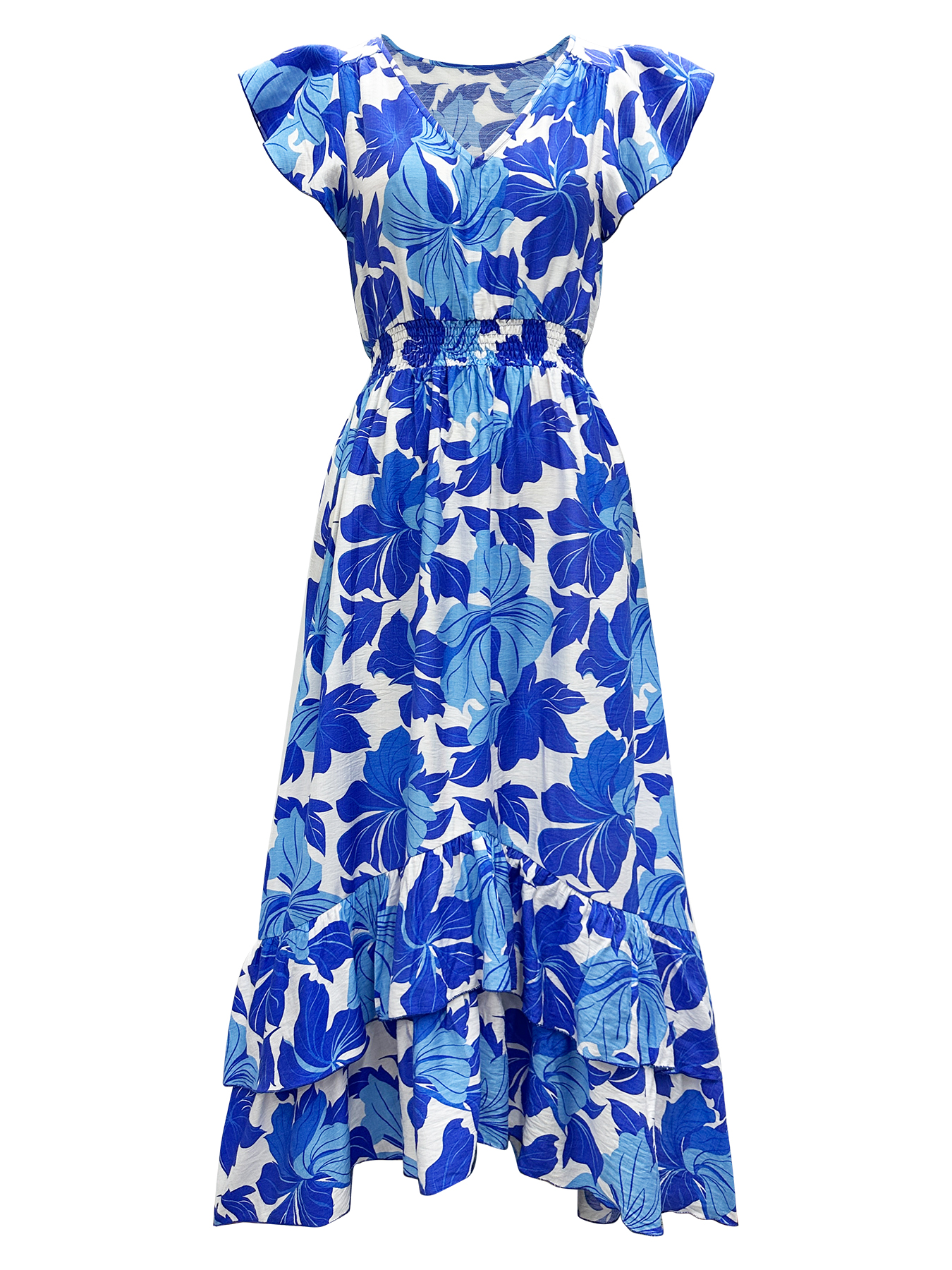 Robe maxi de vacances pour femmes, imprimé hibiscus bohème, col en V, manches courtes à volants, taille smockée