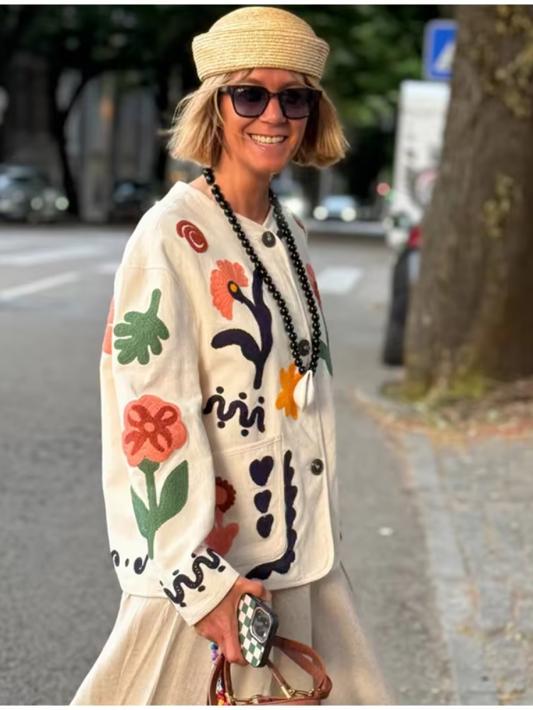 Cardigan Bohème à Fleurs pour Femme, Veste Colorée à Col Rond et Manches Longues avec Poches Plaquées Brodé, Manteau Ample pour le Quotidien et les Trajets