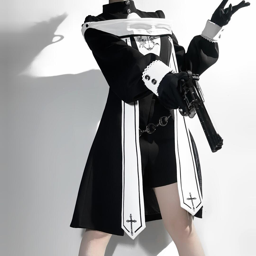 Costume de cosplay de nonne gothique, robe lolita sombre originale, uniforme pour femmes, ensemble manteau long noir et short, tenues d'Halloween