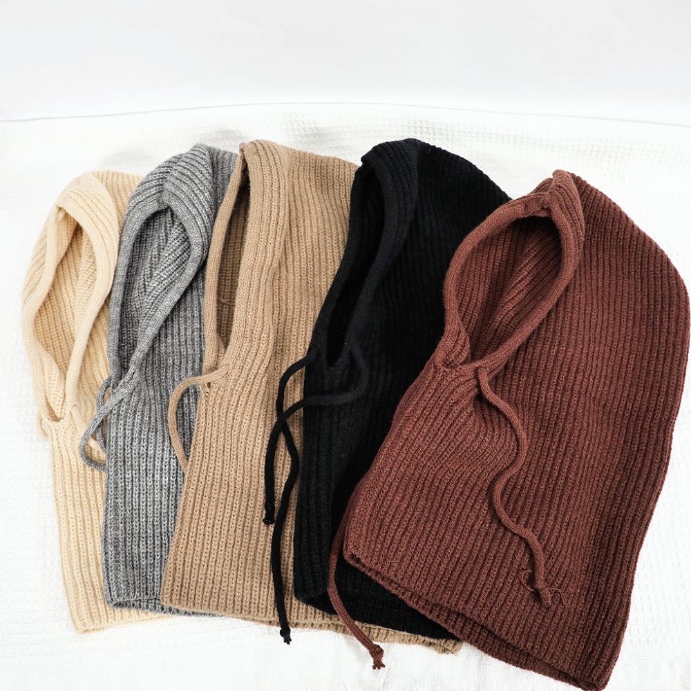 Casquettes à capuche tricotées pour hommes et femmes, cagoule d'hiver, chapeaux chauds unisexes, col de cou, cordon de serrage, Bonnet de Ski, chapeaux froids