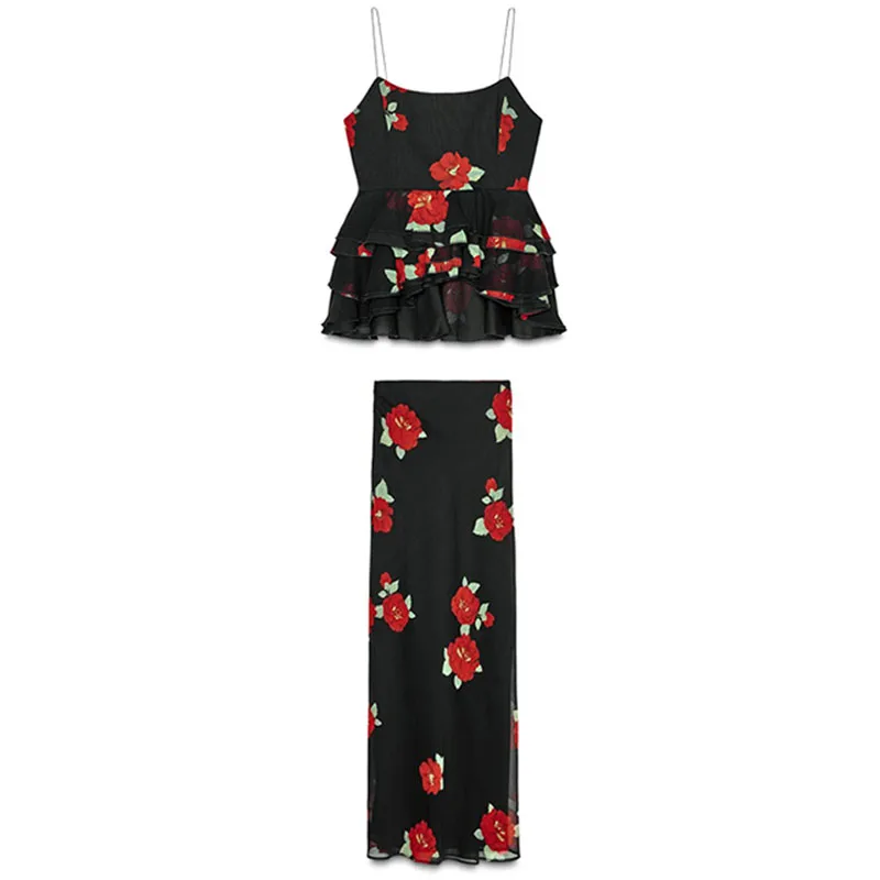 Élégant haut à volants jupe ensemble femmes Chic imprimé sans manches dos nu fronde haut hanche paquet jupe longue ensembles 2025 été dame robe