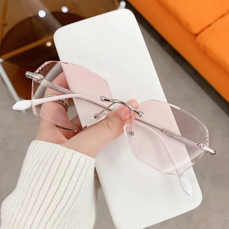 Lunettes de Lecture Sans Monture Rose de Luxe pour Femme, Monture Carrée, Coupe Diamant, Presbytie, Anti-bleu, Vue de Loin