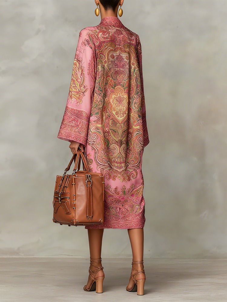 UOOZEE femmes Vintage élégant imprimé col haut caftan Robe manches longues ample élégant soirée robes mi-longues Robe 2026 nouveau