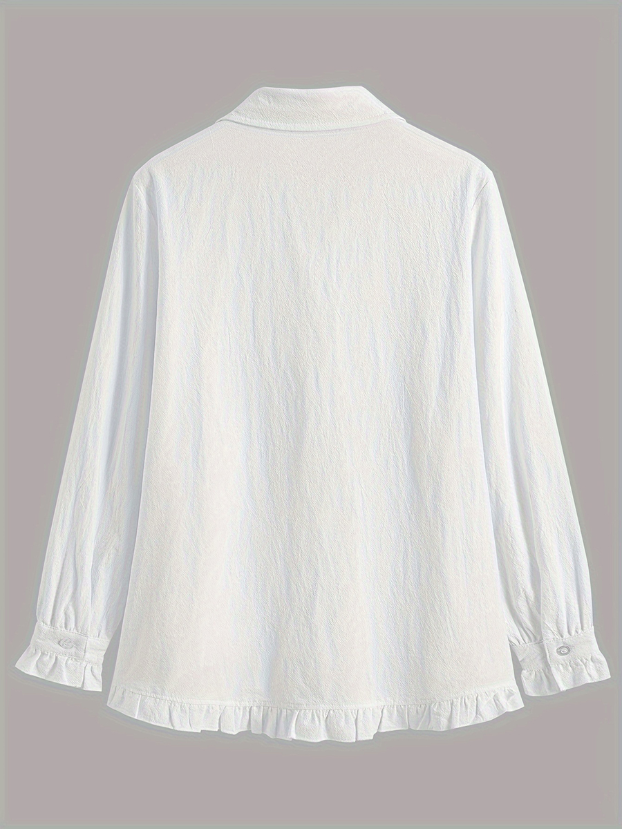 Chemisier blanc élégant à volants pour femmes, chemise à manches longues boutonnée, hauts amples décontractés vintage, vêtements décontractés pour femmes printemps automne