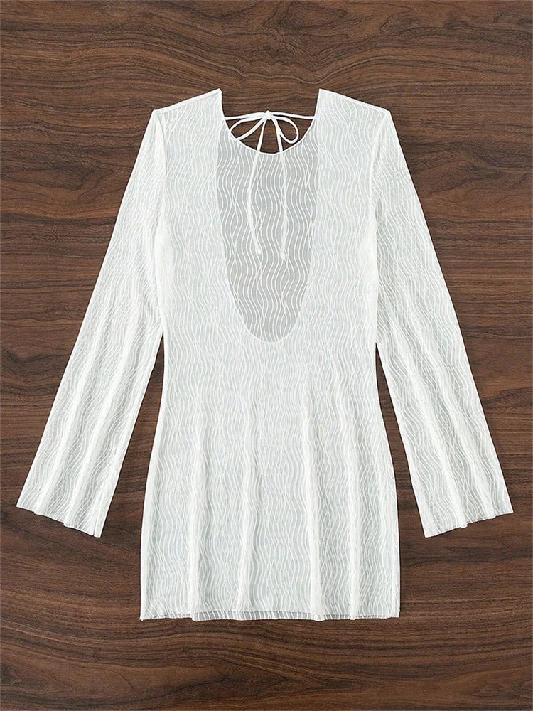 Robe de plage en maille à manches longues pour femmes, tenues de bikini sexy, tuniques blanches unies, cover-up pour maillots de bain, robe d'été élégante