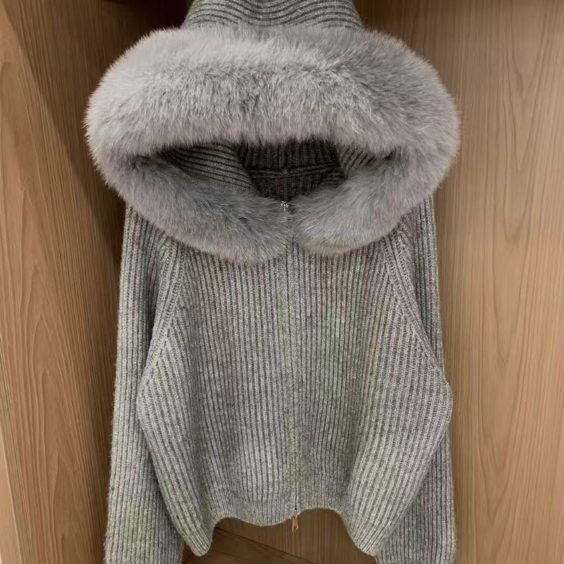 Manteau tricoté à manches longues pour femme, élégant, décontracté, fermeture éclair, à capuche, chaud, doux, Vintage, ample, col en fourrure, nouvelle collection hiver